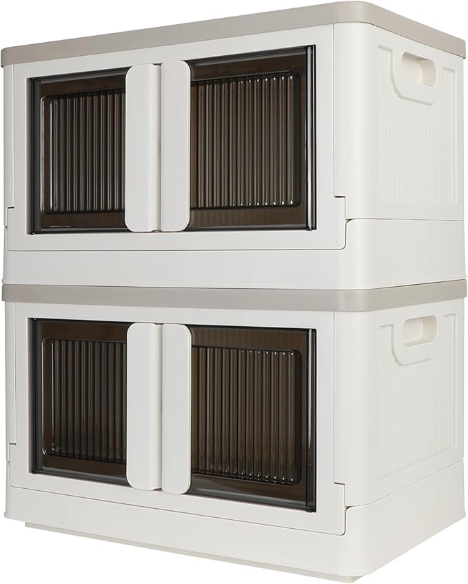 Storage Box, Collapsible Cabinet, 8.4 Gallon (32L) Each One, 2 Packs, Useful Box with Lids, Foldable Drawer, Organizers for Home and Office, Milk White by AssHMKITOfficial