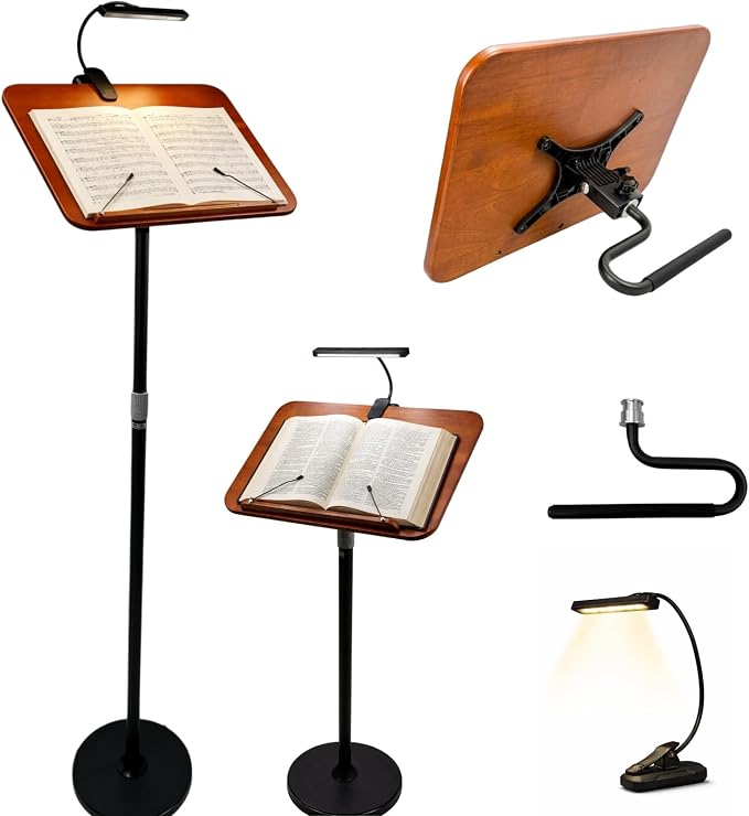 2 in 1 Multiplel-Use Music Stand with Light, Book Holder for Reading, Height Adjustable 18''-55'' Bible Shtender, Portable Podium Stand, Wood Table Stand for Laptop, Classroom, Church, Speech by Unknown