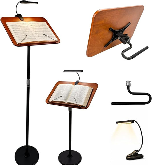 2 in 1 Multiplel-Use Music Stand with Light, Book Holder for Reading, Height Adjustable 18''-55'' Bible Shtender, Portable Podium Stand, Wood Table Stand for Laptop, Classroom, Church, Speech by Unknown