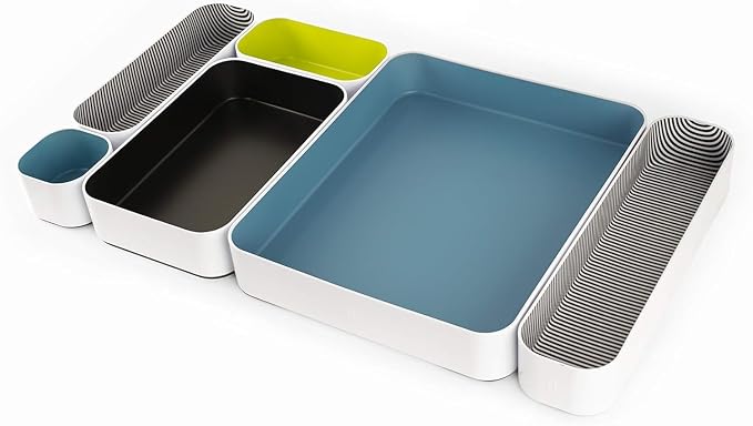 Three by Three Seattle Metal Drawer Organizer Tray Set, 6-Pc, 2" (Assorted) | Deep 2" food-safe colorful metal bins; soft non-scratch base; kitchen, vanity, bathroom & office drawer storage by ThreebyThreeSeattle