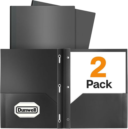 Dunwell Plastic 2-Pocket Folders with 3 Prongs, Black, 2 Pack, Poly | Durable Acid-Free Poly with Fasteners, Long-Term School & Office Use, Includes Labels by Dunwell