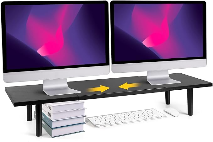 Across-Star Dual-Monitor-Stand-Riser-For-Desk Adjustable Length 32-40 Inch，Large Desktop Computer Monitor Riser For 2 Screens，Desk Shelf Organizer Riser Stand For Computer/Laptop/PC/Printer/TV Black by Acorss-Star