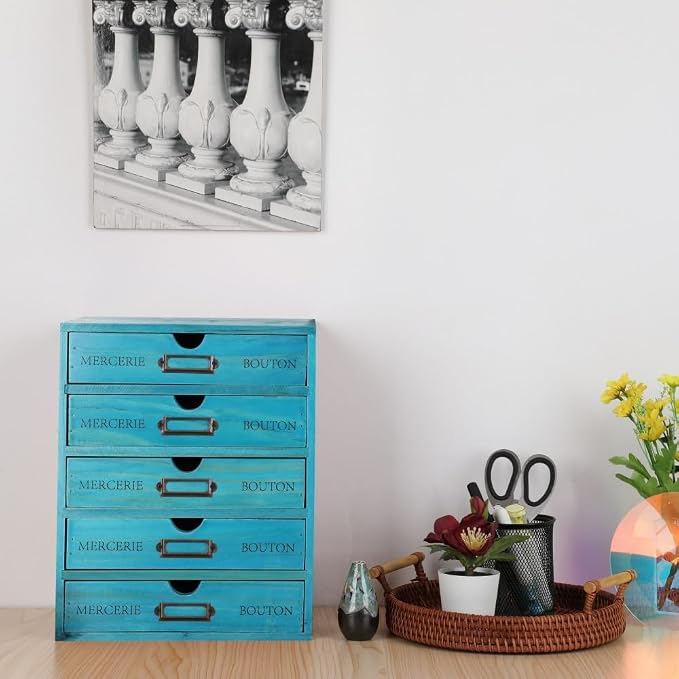 Small Wooden Drawers Wooden Box with Drawer, Blue 5 Wood Drawer | Countertop Storage Box for Apothecary Cabinet, Apothecary Drawers，Desktop Organizer for Office，Home - Image 2