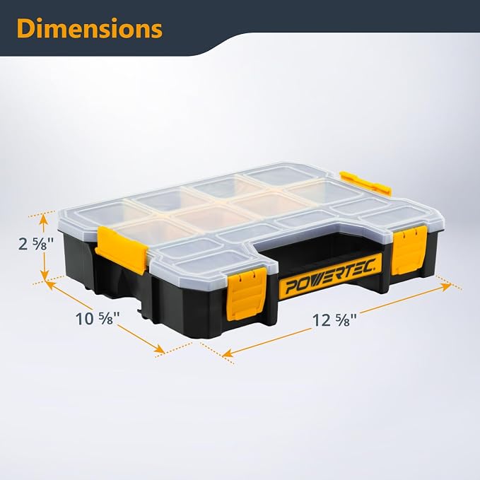 POWERTEC Small Parts Organizer & Tool Box – 14 Compartments, Stackable Storage with Interlocking Latch, Removable Dividers, Clear Lid, Portable Design, 2-Pack (72364-P2) - Image 2