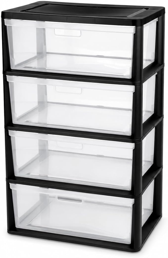 Wide 4-Drawer Storage Tower, Plastic Organizer with Clear Removable Bins | Clear Removable Bins, Tool-Free Assembly, Integrated Carry Handles, Drawer Stops, BPA-Free Plastic, 4-Drawer Capacity by Unknown