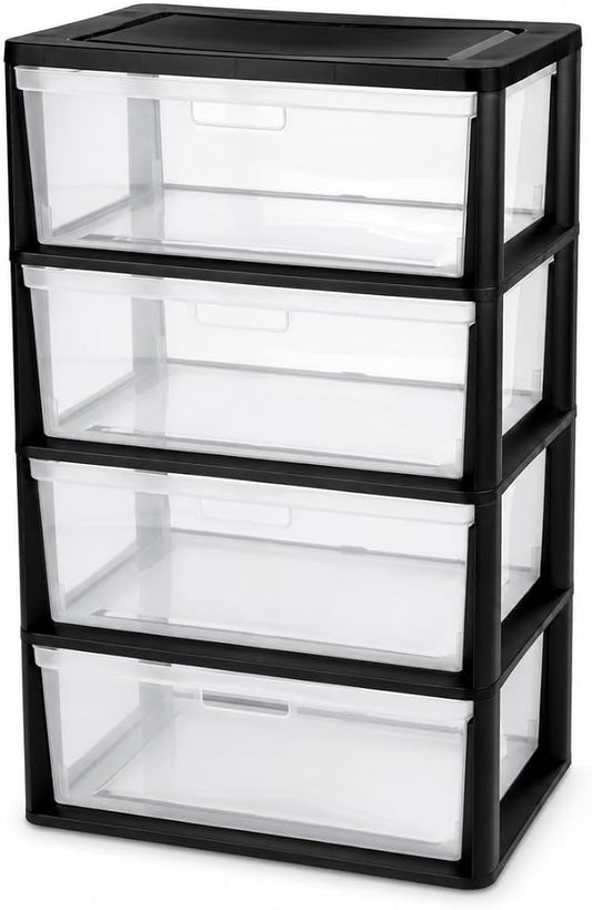 Wide 4-Drawer Storage Tower, Plastic Organizer with Clear Removable Bins | Clear Removable Bins, Tool-Free Assembly, Integrated Carry Handles, Drawer Stops, BPA-Free Plastic, 4-Drawer Capacity by Unknown