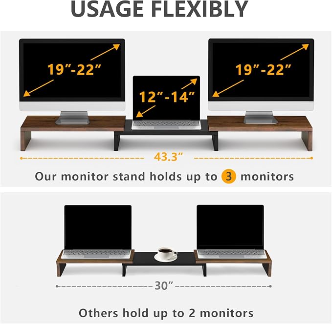 TAVR Dual Monitor Stand Riser, Wooden Computer Monitor Stand for 2 Monitors | Extra Long Multifunctional Desktop Organizer Riser for TV, PC Monitor, Laptop, Printer, Max 43.3" Length, Rustic Brown - Image 4