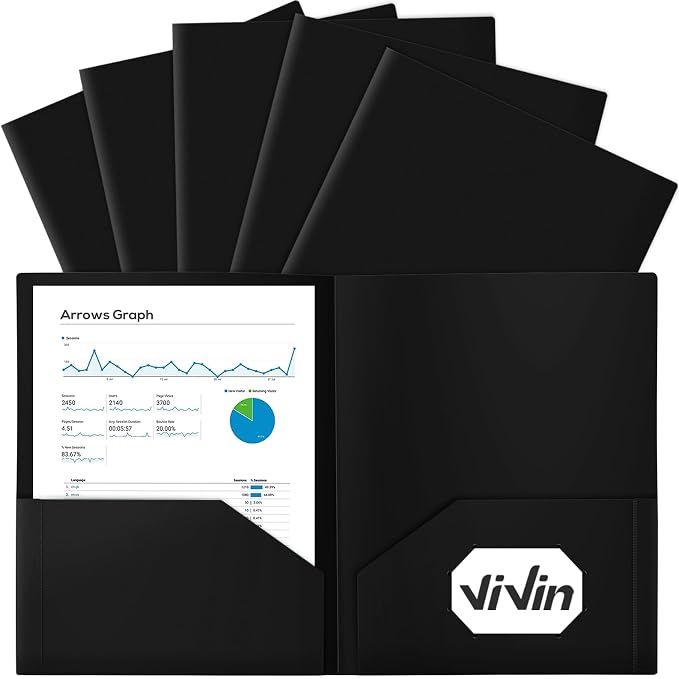 ViVin 12-Pack Black Plastic Folders with Pockets, Fits 8.5 x 11 Inch Letter Size Papers, Sturdy 2 Pocket Folders, Plastic Pocket Folders for Home School and Office by ViVin