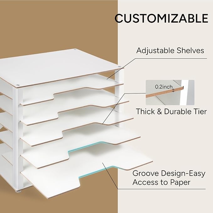 Construction Paper Organizer 12" x 18", 6-Tiers Paper Storage | Movable Wooden Desktop Organizer, Letter Tray for Office, Home, Classroom - Image 4