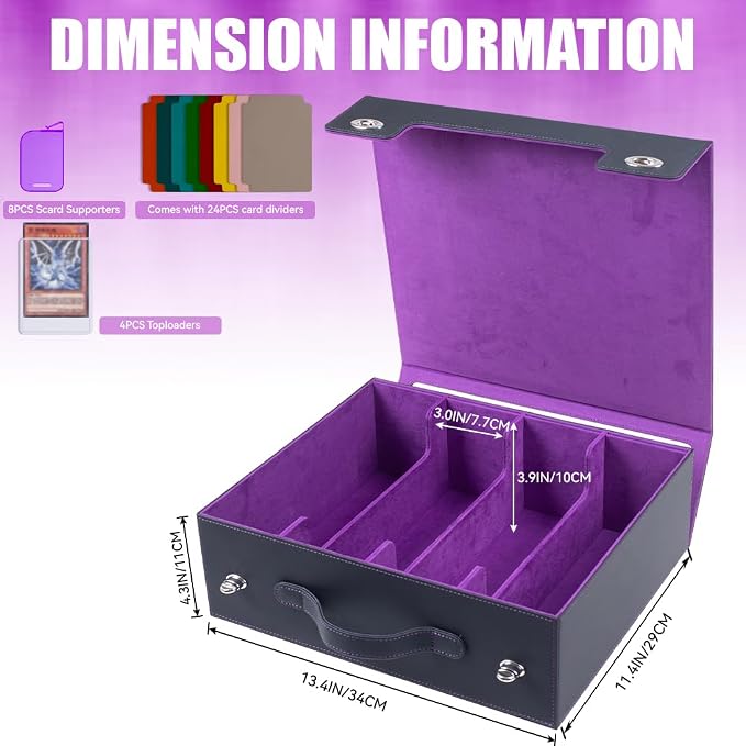 4-Row 3000+ Trading Card Storage Box for MTG, Card Deck Box with Snap-fit Design, 4 Card Sleeves, 8 Stoppers, 24 Dividers (4-Rows Black-Purple) - Image 2