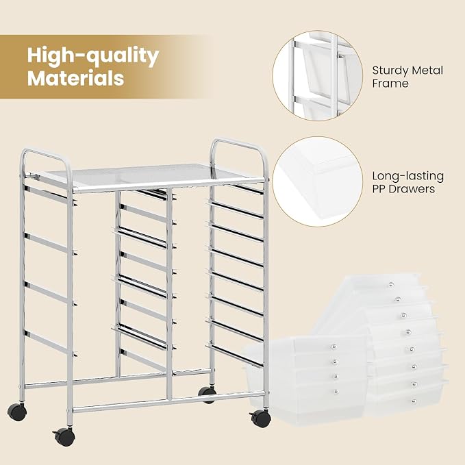 COSTWAY 12 Drawer Rolling Storage Cart, Utility Cart with Metal Frame | Mobile Art Supply Craft Organizer, Multipurpose Storage Organizer for Paper, Office, School Teacher, Classroom, Transparent - Image 6