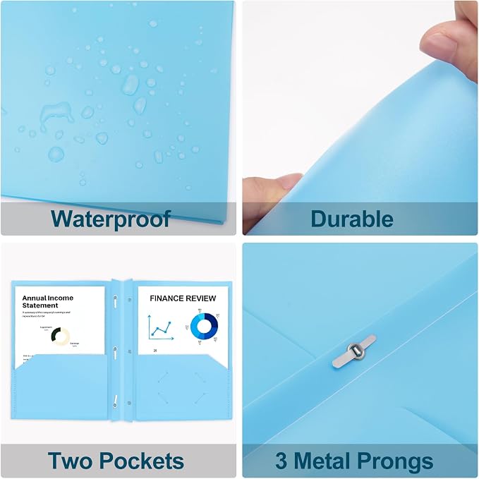 ViVin Heavy Duty 2-Pocket Folders with Brads, Pastel Color, 12-Pack, Durable Plastic Folder with 3-Prong Fasteners, Holds US Letter Size Paper, for School, Home and Office (Light Blue) - Image 5