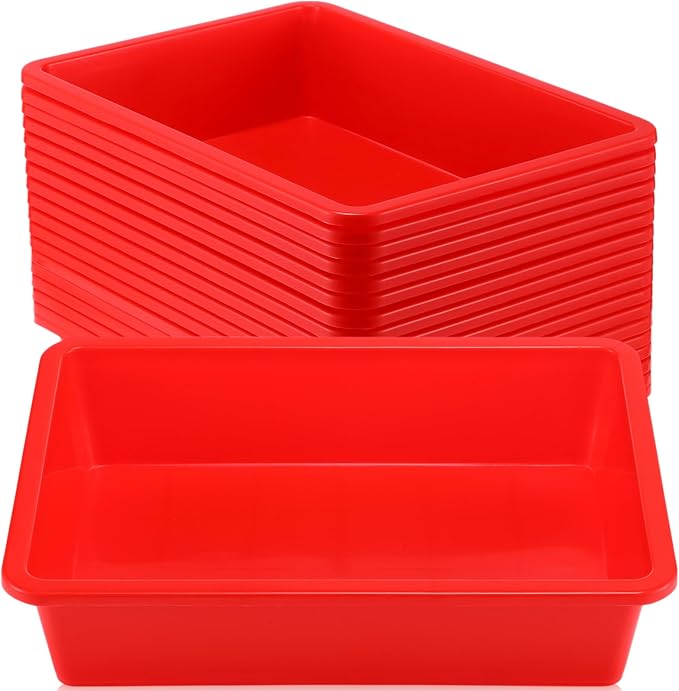 18 Pcs Flat Storage Organizer Bins Letter Size Paper Tray Classroom Storage Plastic Art Trays Classroom Pencil Organizer Baskets for School Office Teacher Book Organization(Red) by Hoteam
