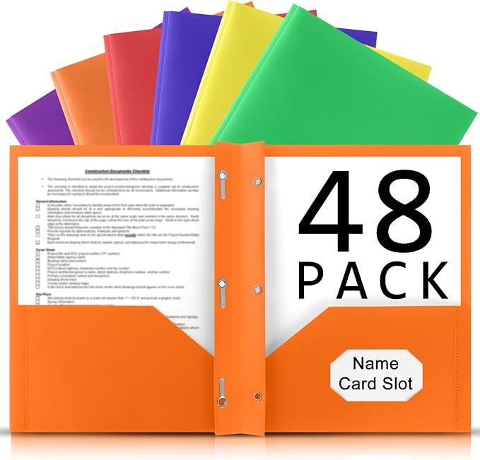 48 Pack Plastic Folders w/Pockets and Prongs, Letter Size, Assorted Colors | Heavy Duty Document Folders with Card Slot for Student Teacher College Office Home Back to School Supplies by Viehatta
