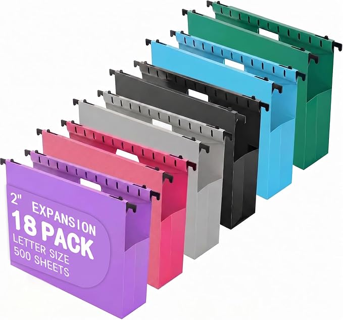 Hanging File Folders Letter Size, 2" Expanding Plastic Folders with Tabs | 18 Pack Heavy Duty Design, Extra Capacity Holds Up to 500 Sheets Each, for Office Files, Teacher Plans, and Home Documents by CheeryLand