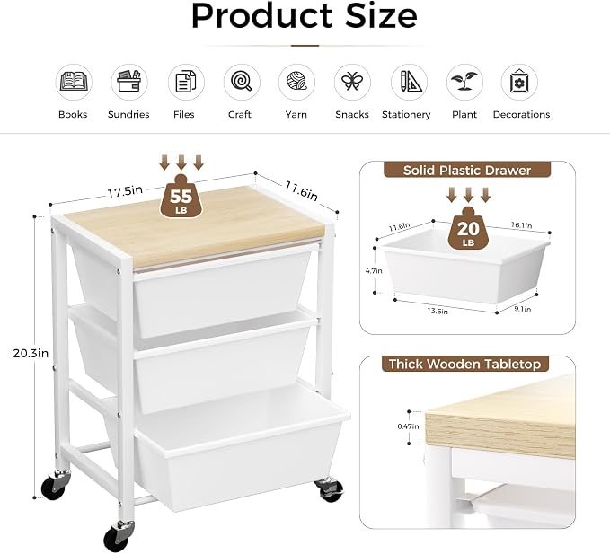 Rolling Cart with 3 Drawers, Plastic Drawer Storage Carts with Lockable Wheels & Wooden Tabletop, Metal Art Craft Utility Cart Organizer for Home Office Bedroom Dorm Bedside Classroom, Bright White - Image 4