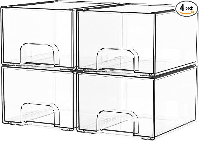 4 Pack Clear Stackable Storage Drawers,4.4'' Tall Acrylic Drawer Containers for Organizing,Bathroom Organizers and Storage Bin Box,Plastic Makeup,Medicine Organizer Bins for Cabinet,Undersink by Yieach
