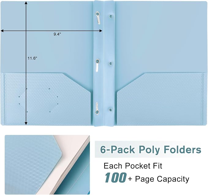 Plastic andPockets and Prongs,2-Pocket and3 Fasteners, Pastel Folders Holds 8-1/2" x 11" Paper for School/Office/Home, 6 Packs - Image 4