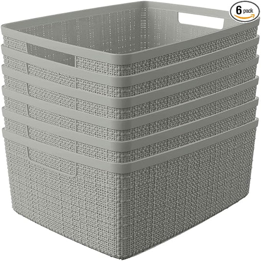 Curver Set of 6 Medium 12L Jute Decorative Plastic Organization and Storage Baskets - Perfect Bins for Home Office, Closet Shelves, Kitchen Pantry and All Bedroom Essentials, Grey by Unknown