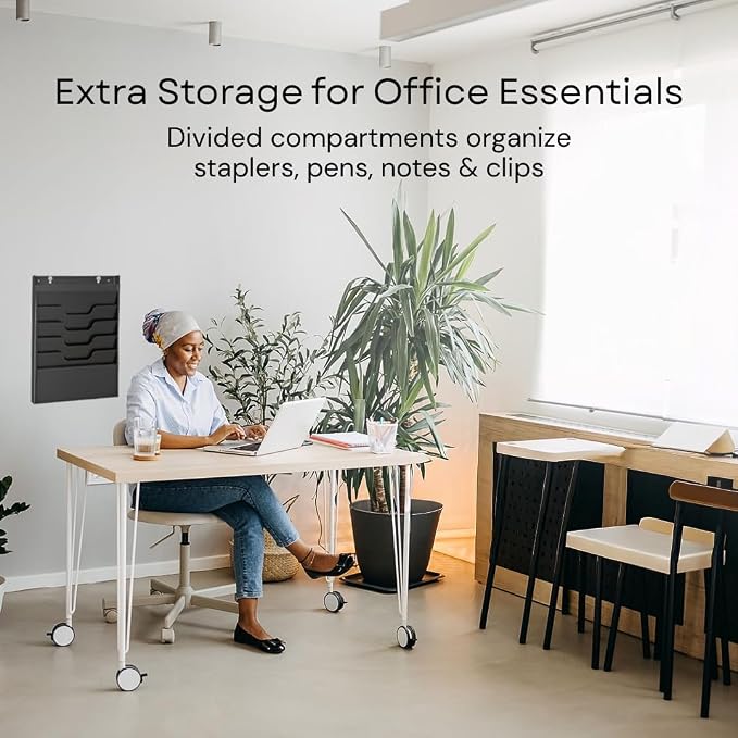 4 Tier Wall Mounted File Organizer, Metal Task Rack for Office Documents, Mail & Folders, Space-Saving Office Wall Organizer, Black 19.5”H - Image 6