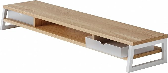 Fenge Dual Monitor Stand Riser, 42.5in Desk Shelf with 2 Drawers, Dark Oak | 2-Tier Monitor Shelf for Desk, Storage Drawer with Stopper, Frosted, fit Home Office, Ultrawide Screen, PC, Laptop, TV - Image 9