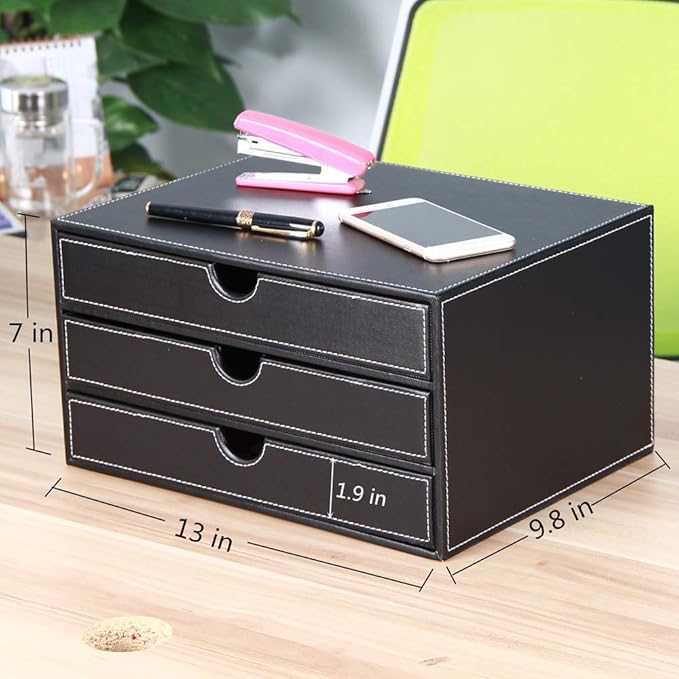 High-end PU Leather Desk Organizer File Cabinet Executive Office Supplies Desktop Filing A4 File Cabinet Stackable Storage Organizer Box with 3 Drawers (Black)… - Image 2