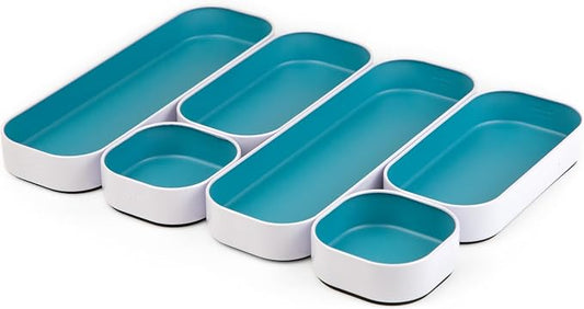 Three by Three Seattle Metal Stacking Bins Drawer Organizer, 6-Pc (Sky) | Food-safe stackable metal bins; customize your drawer layout; great for kitchen, bathroom, vanity & office drawers by ThreebyThreeSeattle