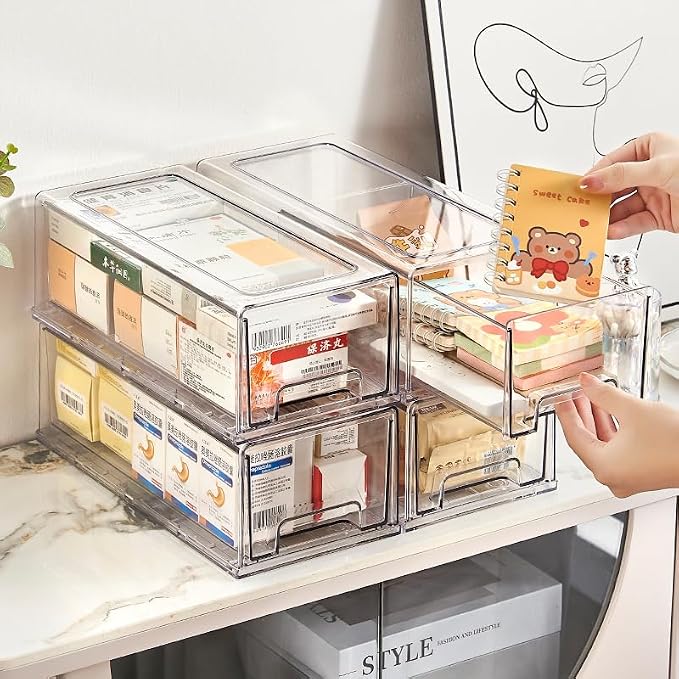 clear Drawer-Type Plastic Storage Box Bins Organizer，Family First Aid Kits Medicine cabinet Box Organizer,Closet ，Shelf，Ointments, Adhesive Bandages，Cosmetics,Office Items (clear, 2M) - Image 2