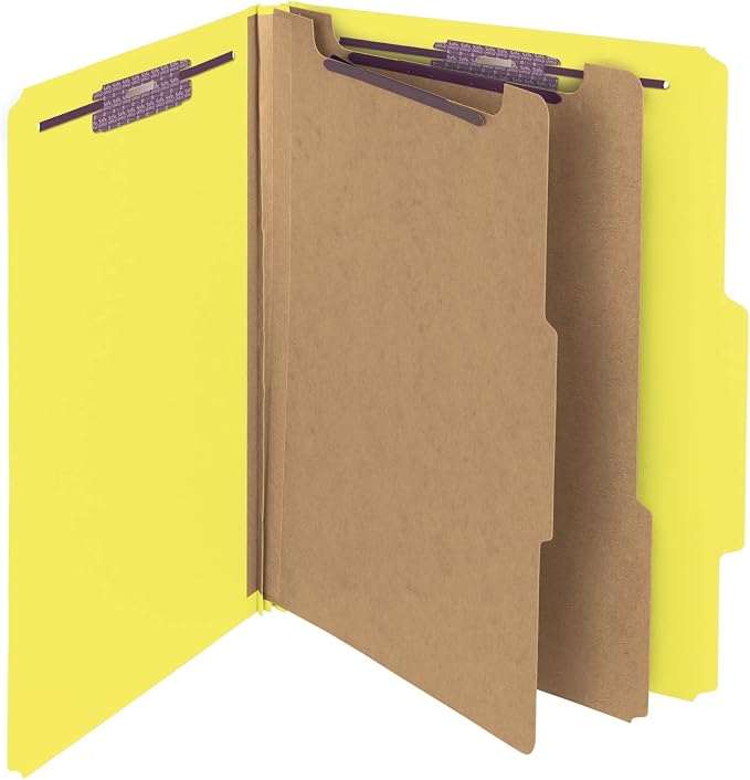 Smead Pressboard Classification File Folder with SafeSHIELD Fasteners, 2 Dividers, 2" Expansion, Letter Size, Yellow, 10 per Box (14034) by SMEAD