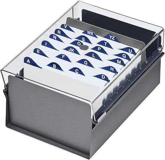 Acrimet 4 x 6 Card File Holder Organizer Box Metal Base Heavy Duty (AZ Index Cards and Divider Included) (Gray Color with Clear Crystal Plastic Lid Cover) | With A-Z Index & Non-Slip by Organizingyourlife
