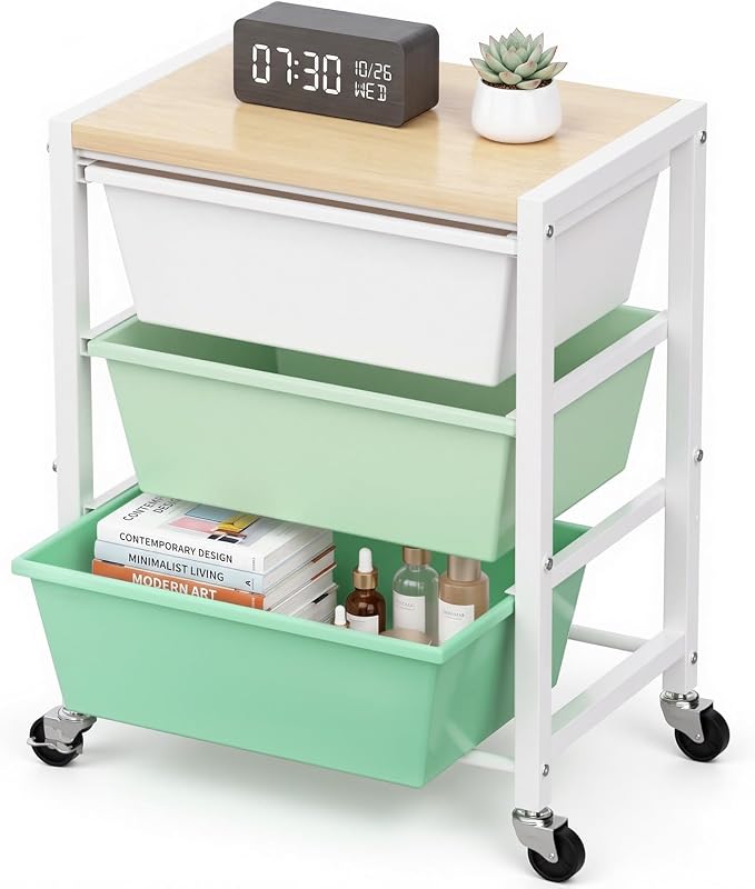 Rolling Cart with 3 Drawers, Plastic Drawer Storage Carts with Lockable Wheels & Wooden Tabletop, Metal Art Craft Utility Cart Organizer for Home Office Bedroom Dorm Bedside Classroom, Bright Green by TimeForest