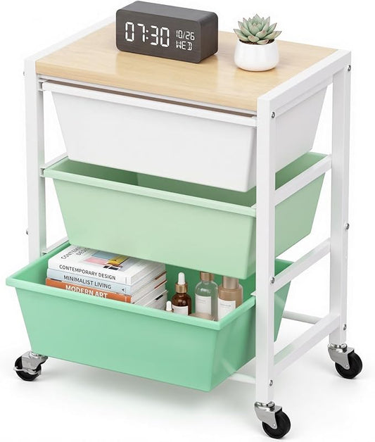 Rolling Cart with 3 Drawers, Plastic Drawer Storage Carts with Lockable Wheels & Wooden Tabletop, Metal Art Craft Utility Cart Organizer for Home Office Bedroom Dorm Bedside Classroom, Bright Green by TimeForest