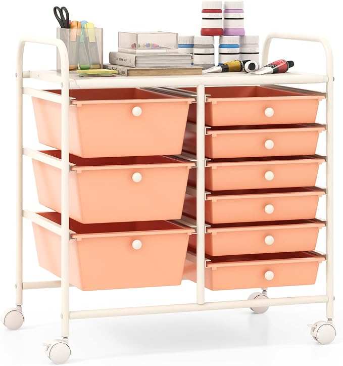 Giantex 9 Drawers Rolling Cart, Classroom Organizers, Storage Cart with Wheels, for Teacher Office Home School Supplies Tool Craft Art Paper, Peach Fuzz by Giantex