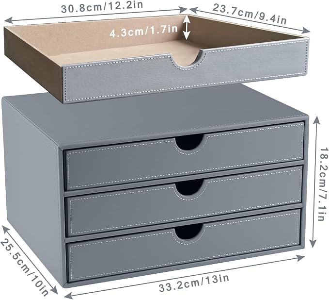 PU Leather Desk Organizer with 3 Drawers,Executive Office Supplies Desktop Filing A4 File Cabinet/Holder for Jewelry/Bill/Paper/Documents/Makeup Home Decor Stationery Storage Box,Grey - Image 3