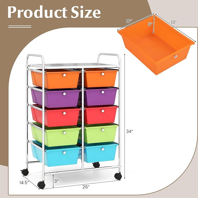 COSTWAY 10 Drawer Rolling Storage Cart, Utility Cart with Lockable Wheels | Mobile Art Supply Craft Organizer with Metal Frame, Multipurpose Drawer Cart for Paper for Office, School, Multi-color - Image 3