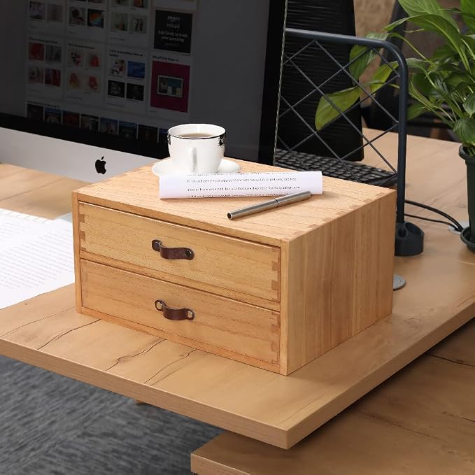 DDYURI Wooden Desk Organizer with 2 Drawers - Desktop Storage Drawers for Office Supplies File Paper Storage - Wood Chest/Small Cabinets for Jewelry Dresser Kitchen Counter (FAX2C-LT） - Image 2