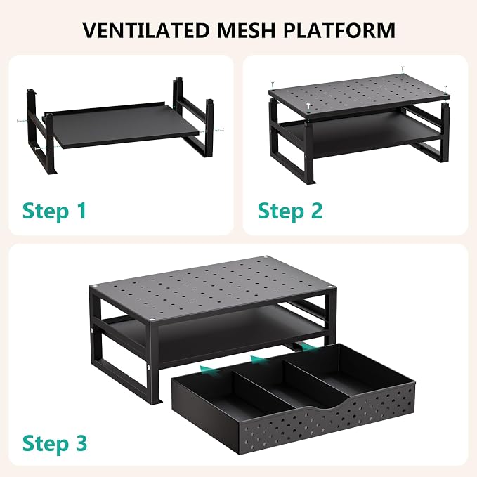 WALI Monitor Stand Riser with Drawer, Desk Organizers and Accessories for Computer, Printer, Laptop Stand for Home Office Supplies, (PTT005-B), 1 Pack, Black - Image 9