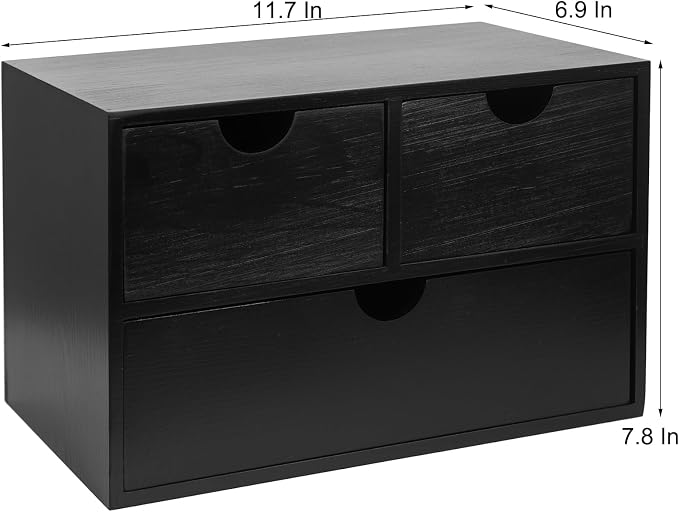 Rustic Distressed white 3-Tier Wood Desk Organizer with 3 Drawers Mini Storage Shelf, Toiletries Vanity Office Supplies (pitch-dark) - Image 3