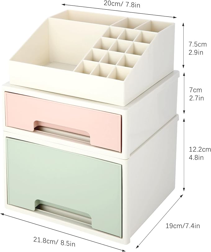 Makeup Organizer Box, Multifunctional Desk Storage Box Set, Pen/Pencil, Remote Control, Office Supplies, Business Card Holder, Free Combination, [TBF-13] w/ 2 Drawers + 16 Slots - Image 3