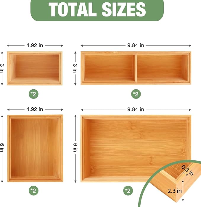 Bamboo Drawer Organizer Set, 8 PCS Multi-Use Wood Drawer Storage Boxes, Junk Drawer Organizer Divider Bins for Kitchen, Bathroom, Office Desk, Makeup, Jewelry, Utensils - Image 2