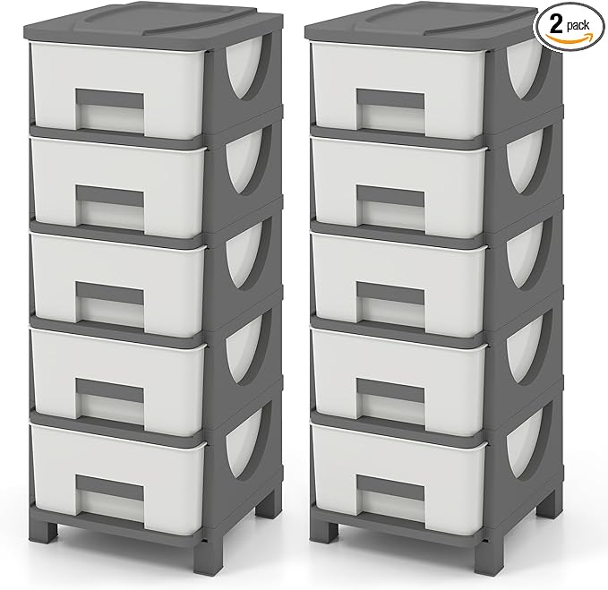 Giantex 2 Pack 5-Drawer Storage Organizer, Plastic Storage Tower with Drawers, Multi-Purpose Container Box for Office, Bathroom Living Room, White+Grey by Giantex