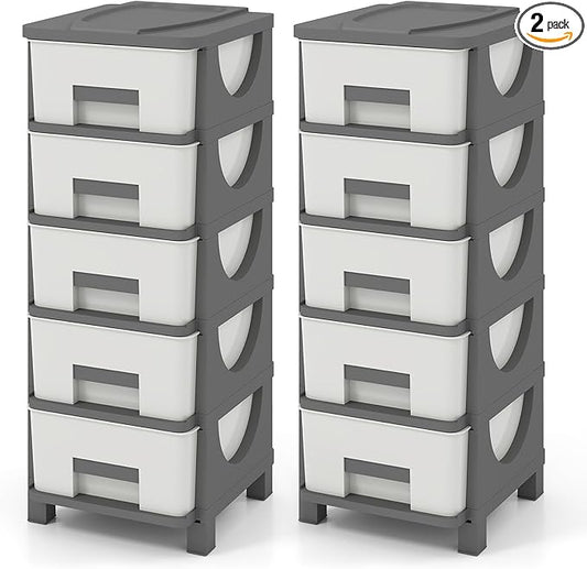 Giantex 2 Pack 5-Drawer Storage Organizer, Plastic Storage Tower with Drawers, Multi-Purpose Container Box for Office, Bathroom Living Room, White+Grey by Giantex