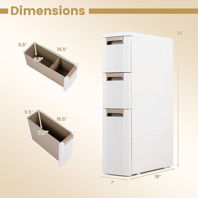 Giantex Set of 2 3-Tier Narrow Storage Cabinet, Slim Rolling Cart with 3 Drawers & 2 Removable Dividers, Plastic Storage Organizer with Wheels for Small Spaces Bathroom Kitchen - Image 3