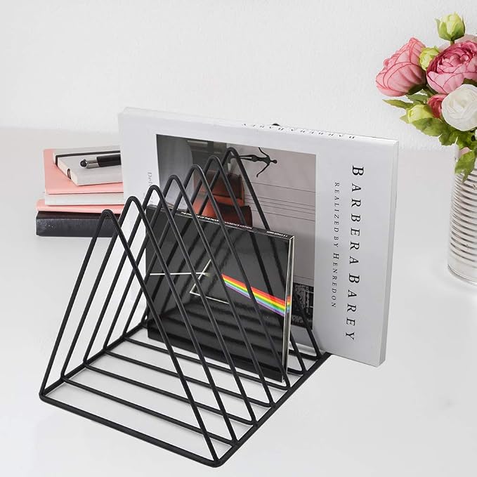 9 Slot Magazine Rack Book Record Holder, Desktop Iron Storage Rack Bookshelf Multifunction Triangle File Organizer Sorter for Decor Home Office, Black Pack of 2 - Image 2