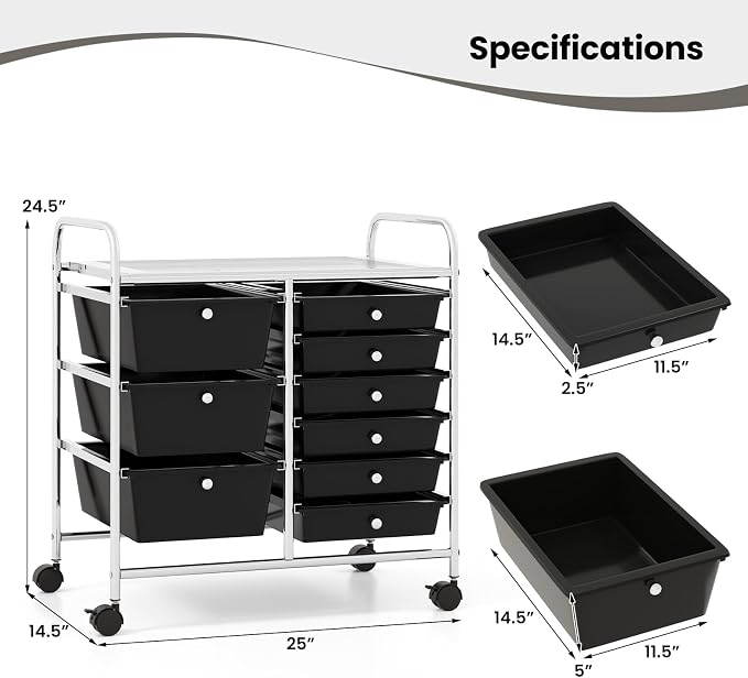 Moccha 9-Drawer Rolling Storage Cart - Under Desk Storage Drawers with wheels for Craft Art Supply Paper Salon, Scrapbook Paper Tools, Mobile Utility Cart for Classroom, Black - Image 3
