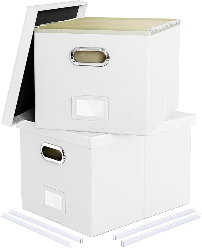 2 Pack File Storage Organizer Box,Filing Box,Portable File Box with Lid,Fit for Letter/Legal File Folder Storage, White(Leather)-Box only by Oterri
