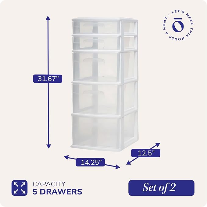 HOMZ 2-Pack Drawer Tower, 5-Tier Clear Plastic Storage Organizer Unit, White Frame - Multi-Purpose Container Drawers for Kitchen, Bathroom, and Office Organization - Image 3