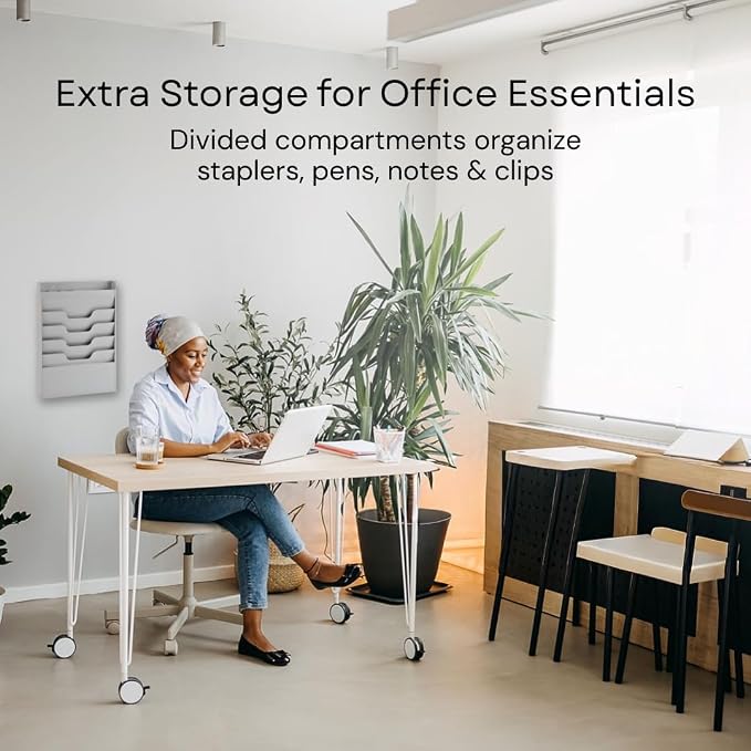 4 Tier Wall Mounted File Organizer, Metal Task Rack for Office Documents, Mail & Folders, Space-Saving Office Wall Organizer, Graywhite 19.5”H - Image 6