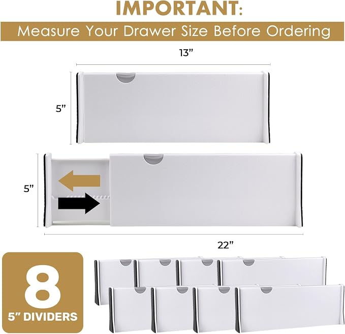 RAPTUROUS Deep Drawer Dividers 8 Pack, 5 Inch Tall, 13-22 Inch Long Expandable, Adjustable Drawer Organizer for Clothing, Dresser, Kitchen, Strong Hold, Soft Foam Edges, White - Image 2