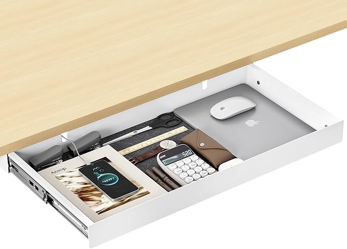 Under Desk Drawer,20.1 inch Carbon Steel Slide-Out Under Table Storage Organizer With Full Extension Ball-Bearing Slides,Undermount Drawer For Standing Desk & Home Office,White by ERGOCOLLECT